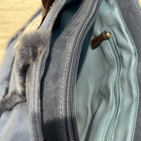 Liz Claiborne faux blue large handbag. Has faux blue trim and brown straps. - Picture 12 of 16